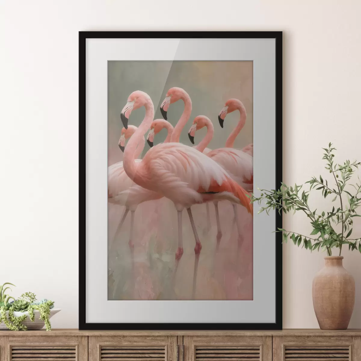Affiche Portrait décoratif d'une volée de flamants roses dans un style pictural contemporain f49727