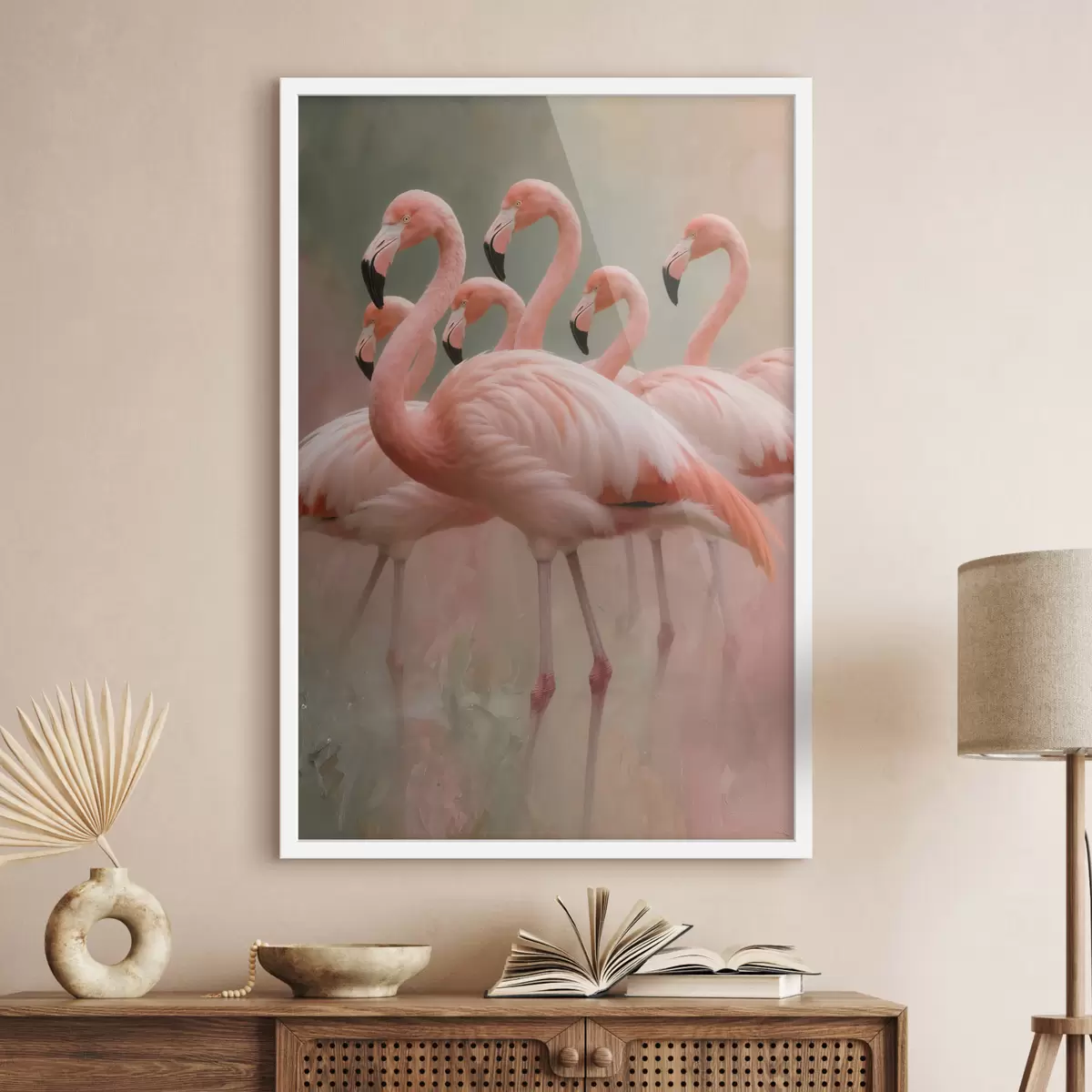 Affiche Portrait décoratif d'une volée de flamants roses dans un style pictural contemporain f49727