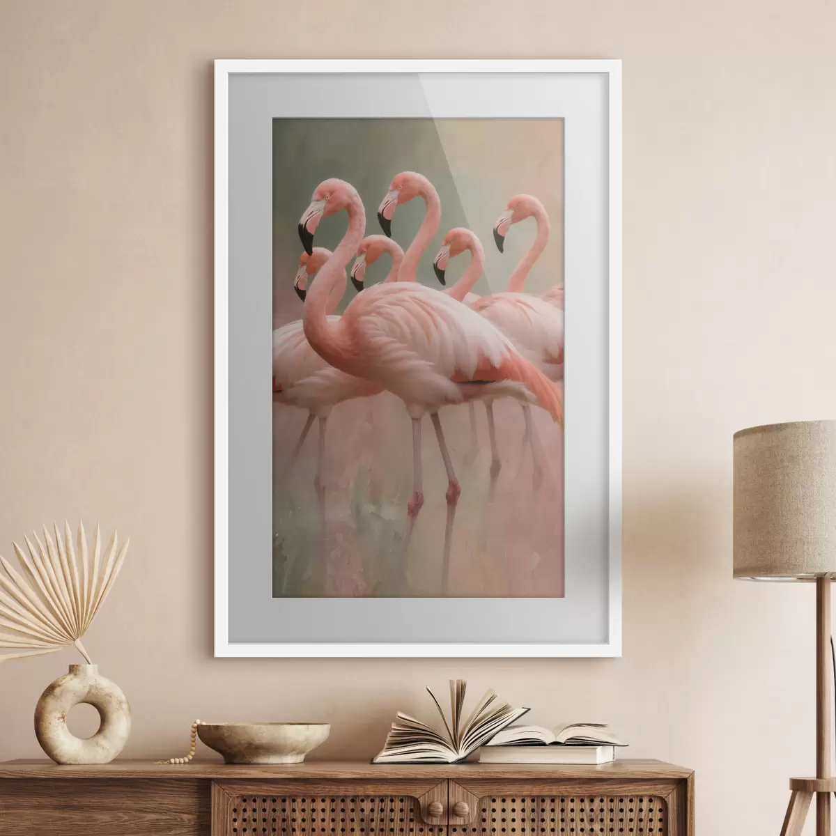 Affiche Portrait décoratif d'une volée de flamants roses dans un style pictural contemporain f49727