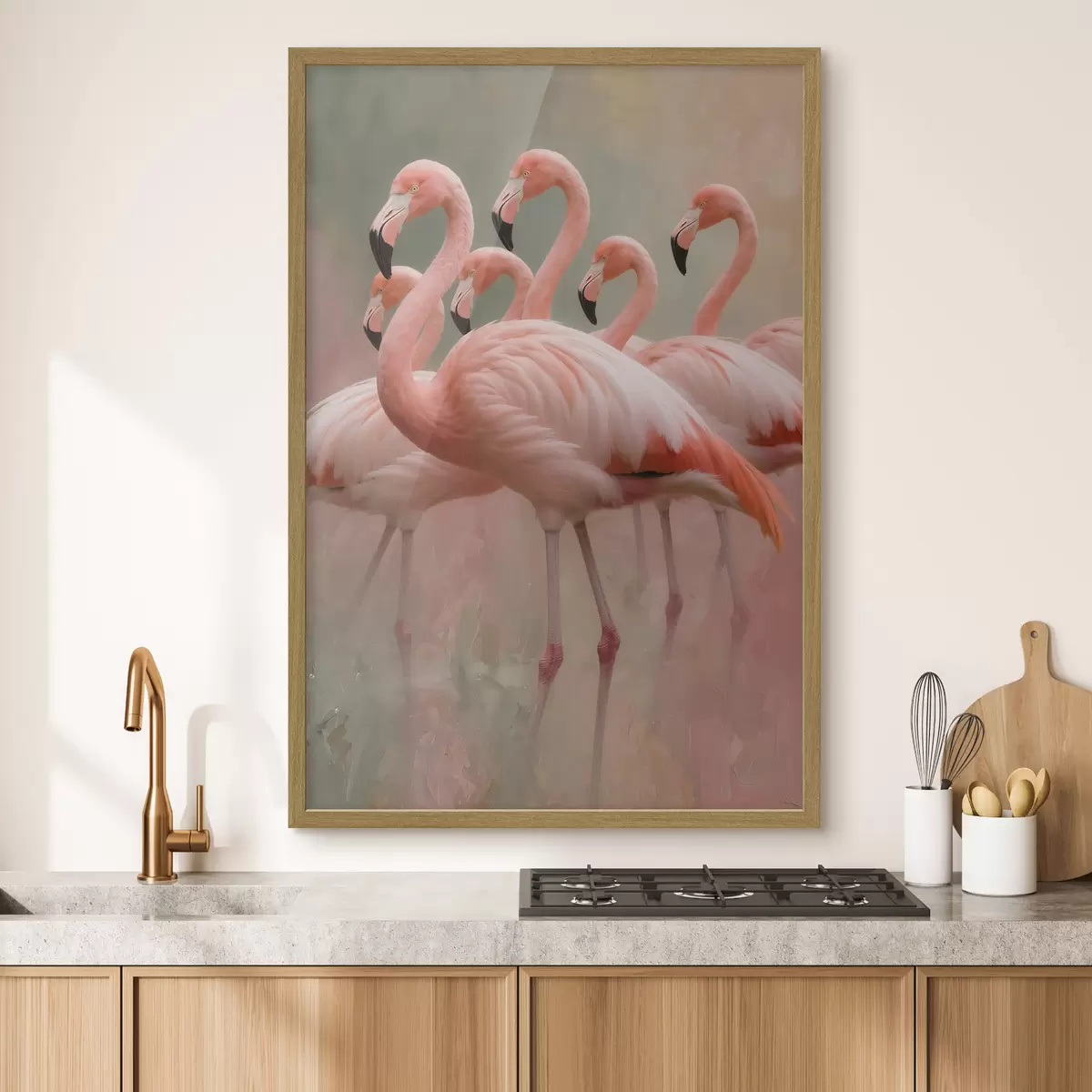 Affiche Portrait décoratif d'une volée de flamants roses dans un style pictural contemporain f49727
