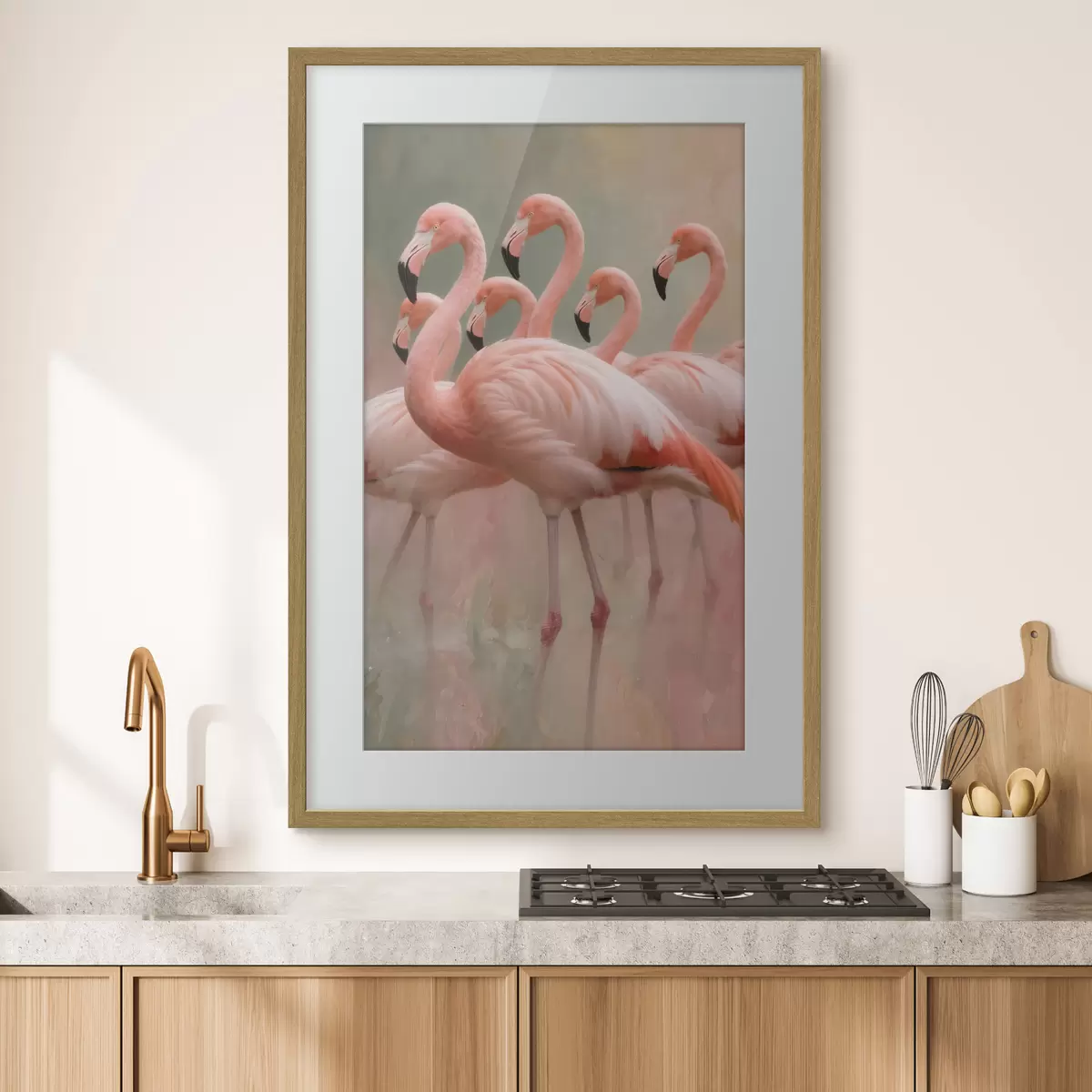 Affiche Portrait décoratif d'une volée de flamants roses dans un style pictural contemporain f49727
