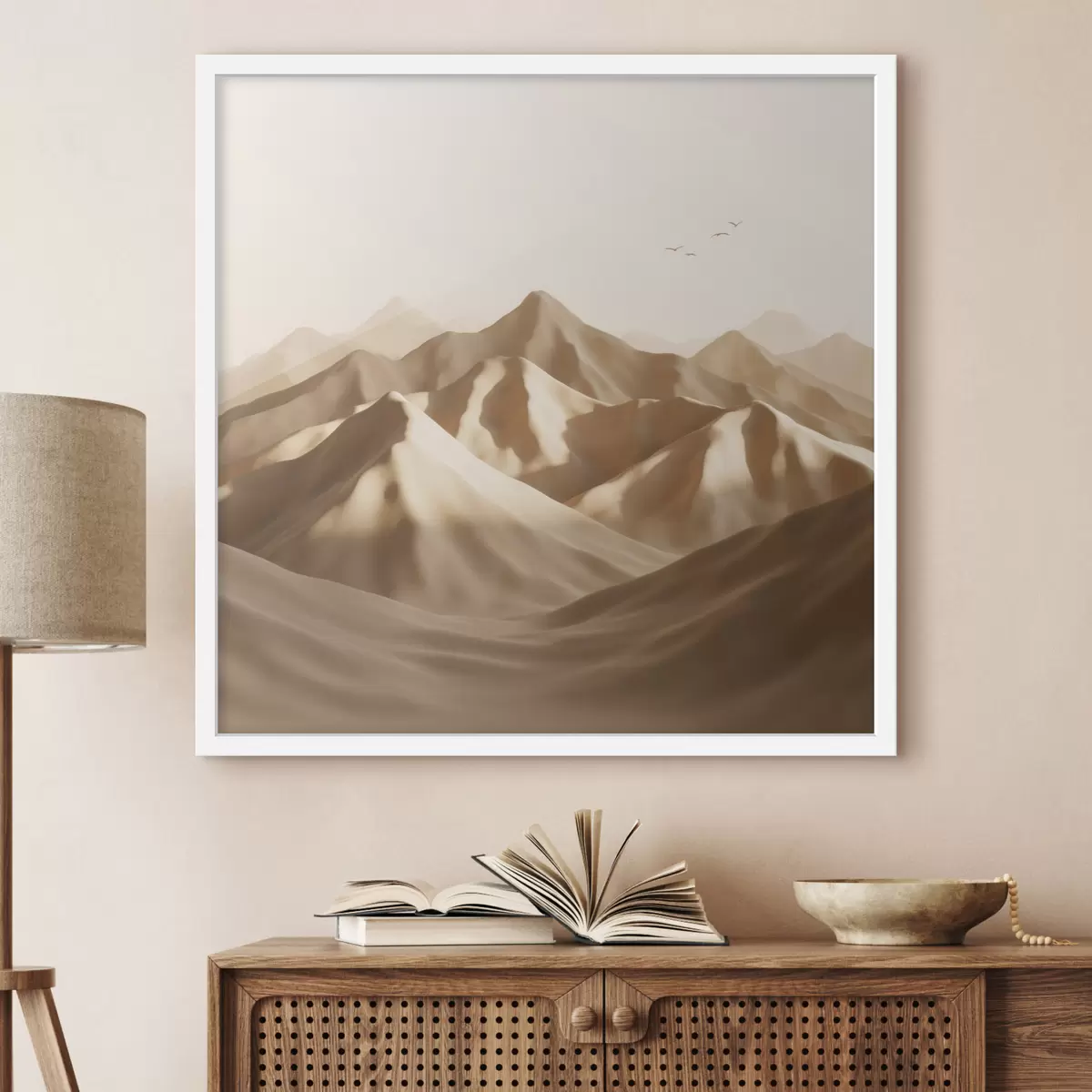 Poster Abstracte zandduinen met silhouetten van vogels in pasteltinten f49729