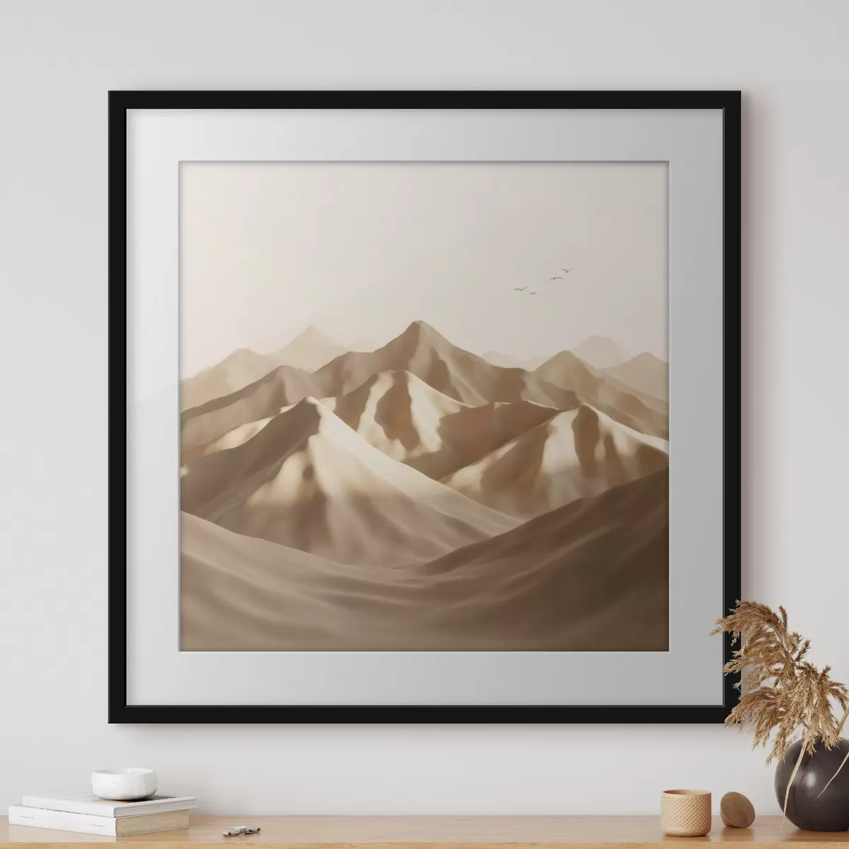 Poster Abstracte zandduinen met silhouetten van vogels in pasteltinten f49729