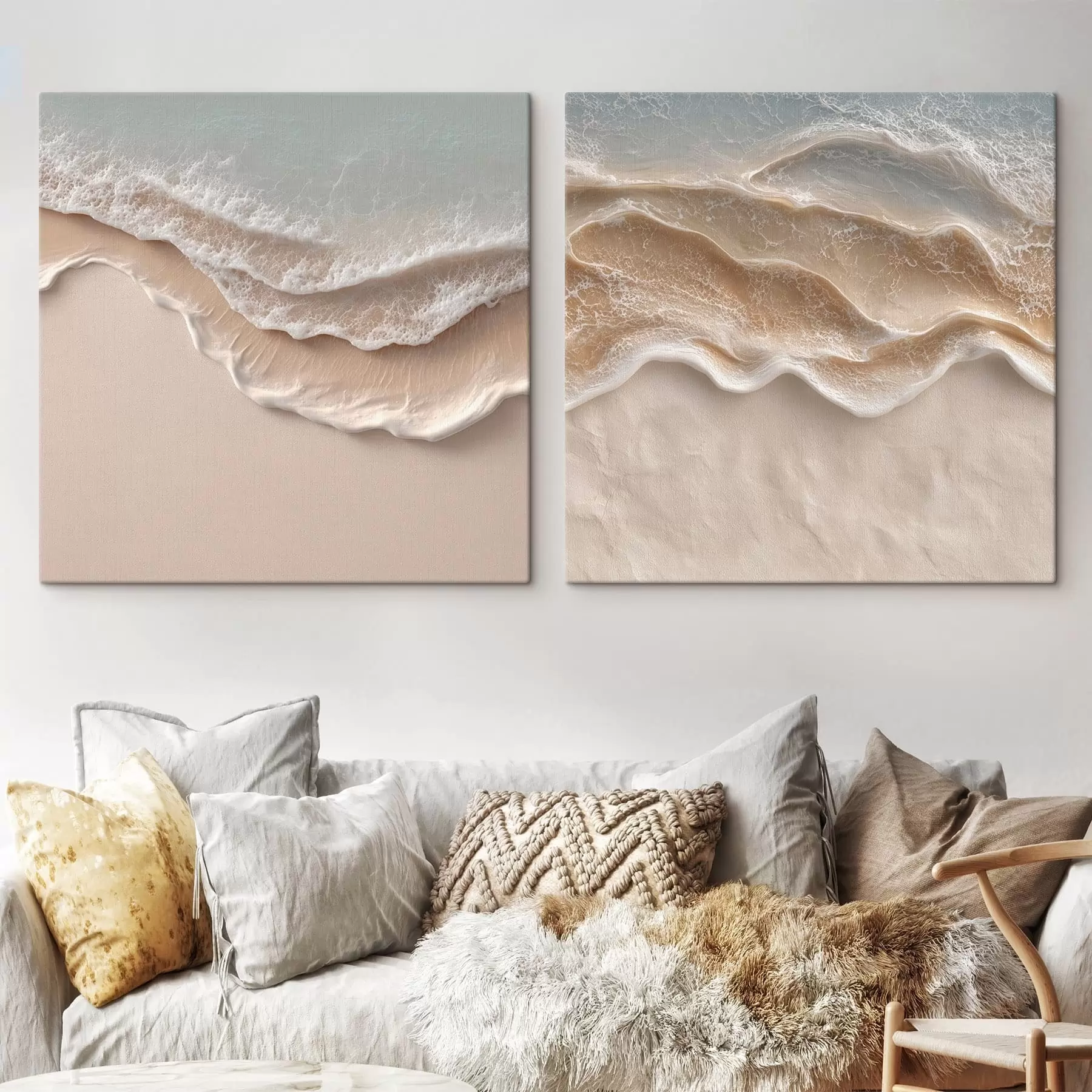  Peintures Vagues océaniques abstraites, avec de l'écume blanche et du sable lisse aux tons pastel m30651