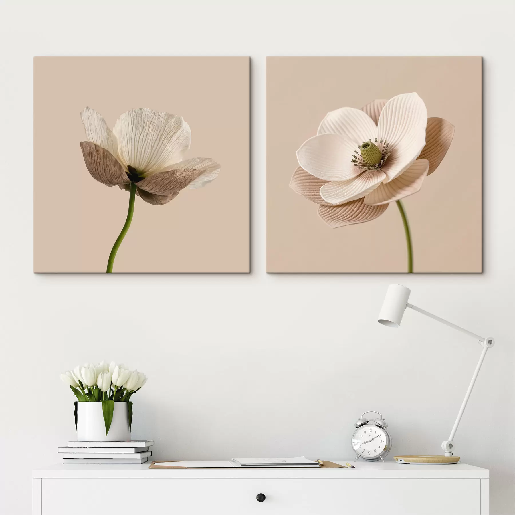  Peintures Composition florale dans des tons beiges et corail, dans un style d'illustration d'art moderne m30653