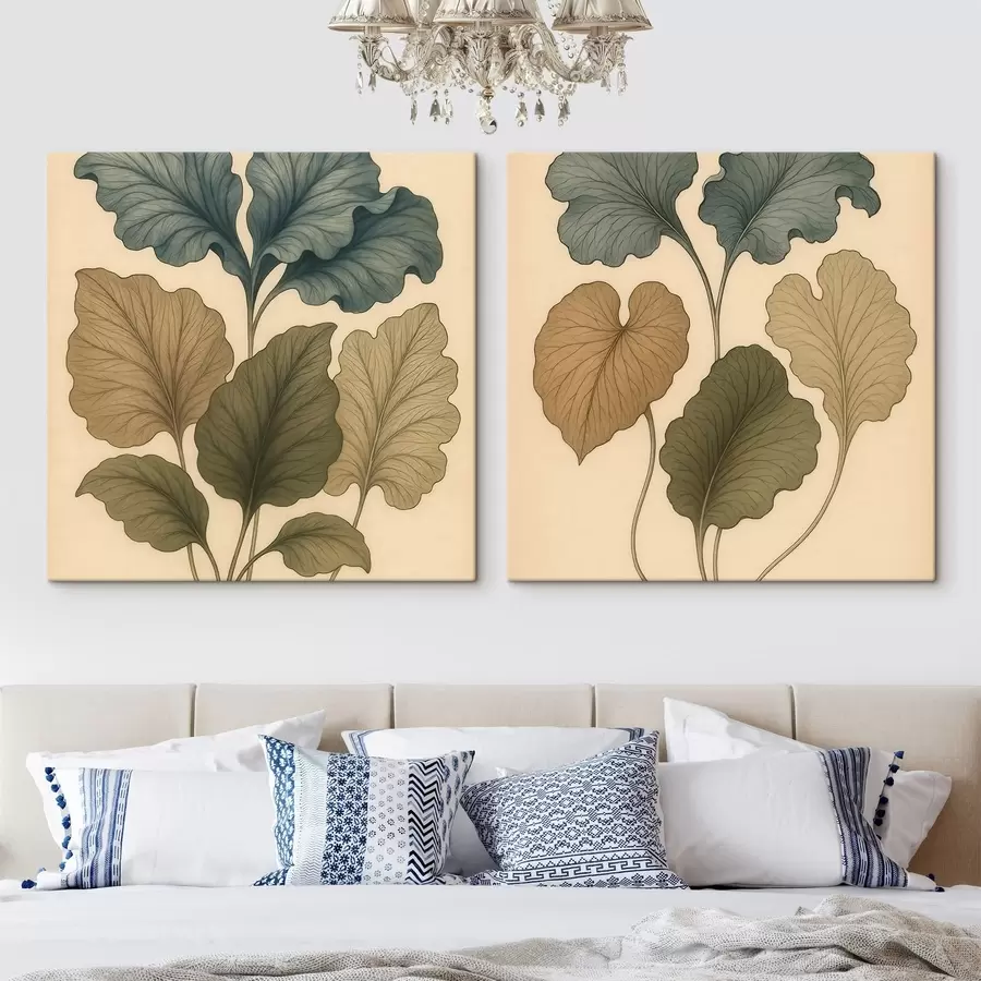 Fotobehang Botanisch tweeluik met bladeren met reliëf in ingetogen tinten, in retro-illustratiestijl m30654