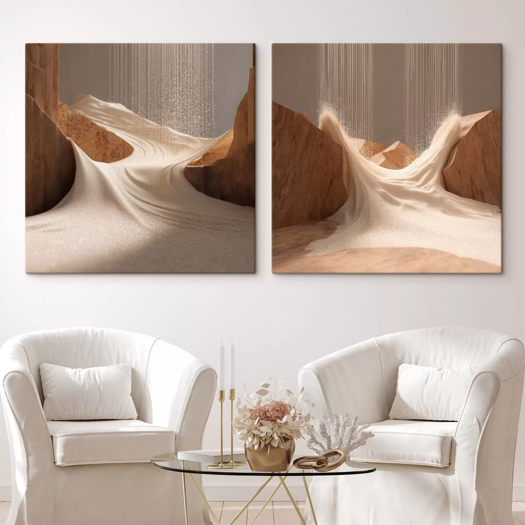  Schilderijen Landschap met glinsterend effect in een beige kleurenpalet, uitgevoerd in een driedimensionale grafische stijl m30655
