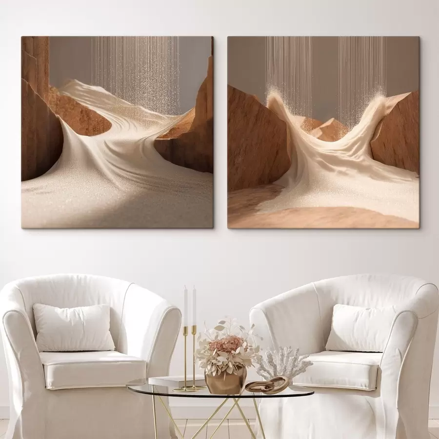Fotobehang Landschap met glinsterend effect in een beige kleurenpalet, uitgevoerd in een driedimensionale grafische stijl m30655