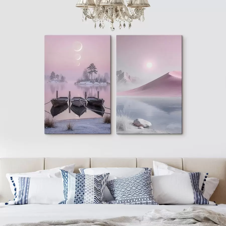 Fotobehang Fantasielandschap met houten boten en bergtoppen m30657