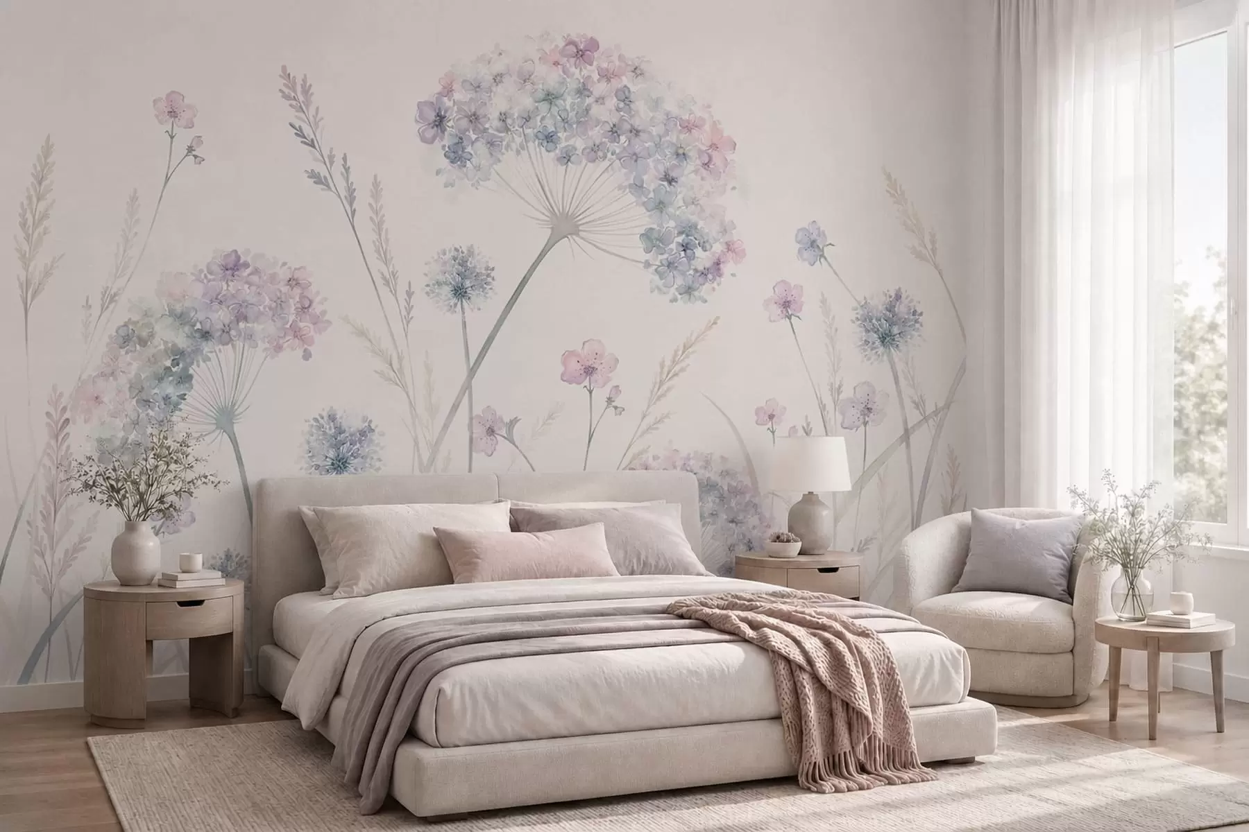 Papier peint photo Fleurs des champs dans des tons doux de bleu et de lilas w05731