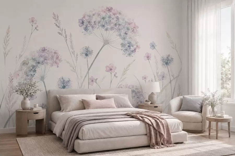 Fotobehang Weidebloemen in zachte blauwe en lila tinten w05731