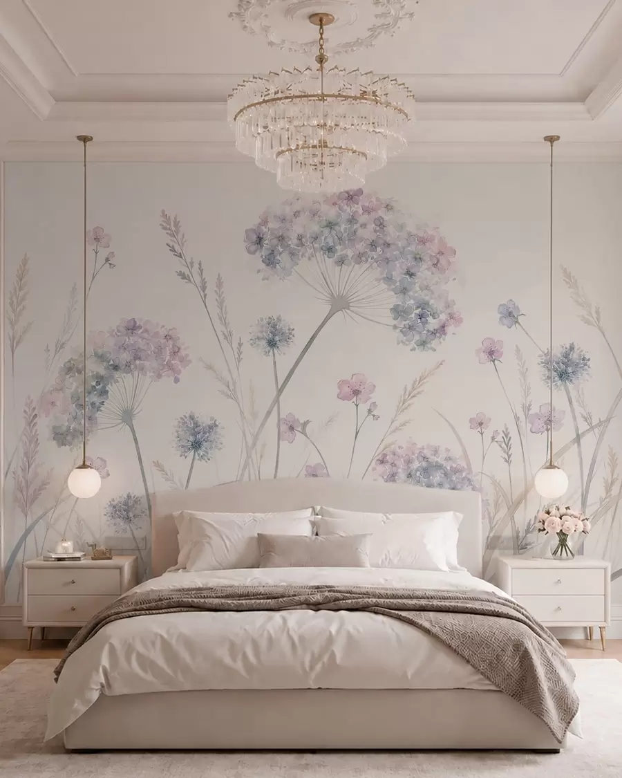 Papier peint photo Fleurs des champs dans des tons doux de bleu et de lilas w05731
