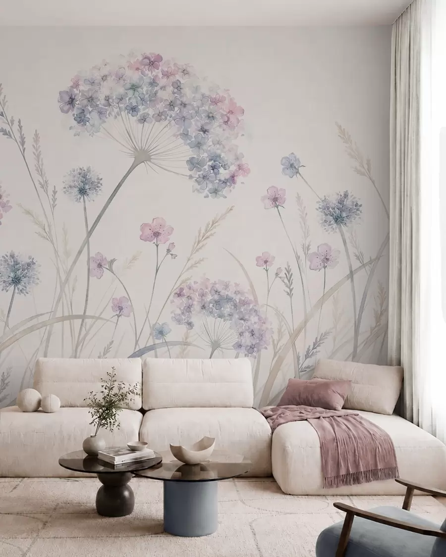 Papier peint photo Fleurs des champs dans des tons doux de bleu et de lilas w05731