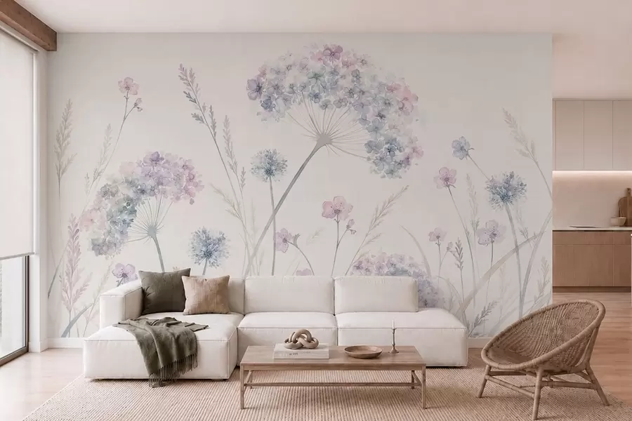 Papier peint photo Fleurs des champs dans des tons doux de bleu et de lilas w05731