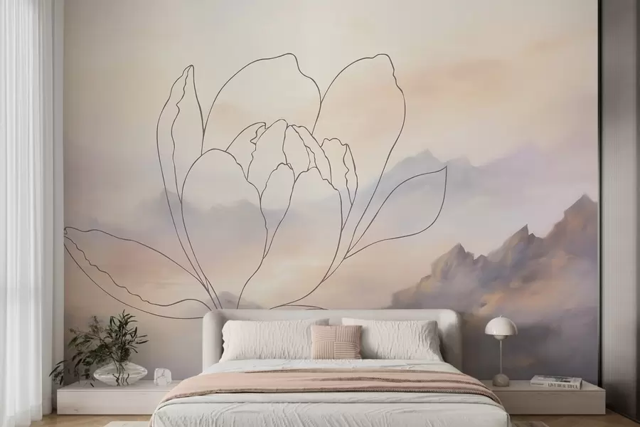 Papier peint photo Paysage de montagne avec la silhouette d'une fleur w05788
