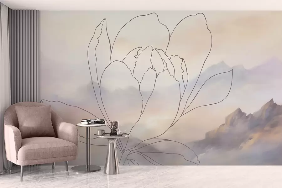 Papier peint photo Paysage de montagne avec la silhouette d'une fleur w05788