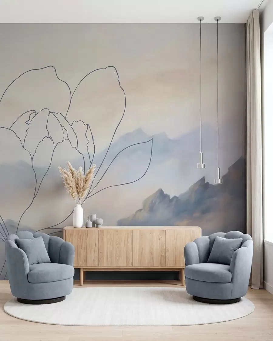 Fotobehang Berglandschap met het silhouet van een bloem w05788v1
