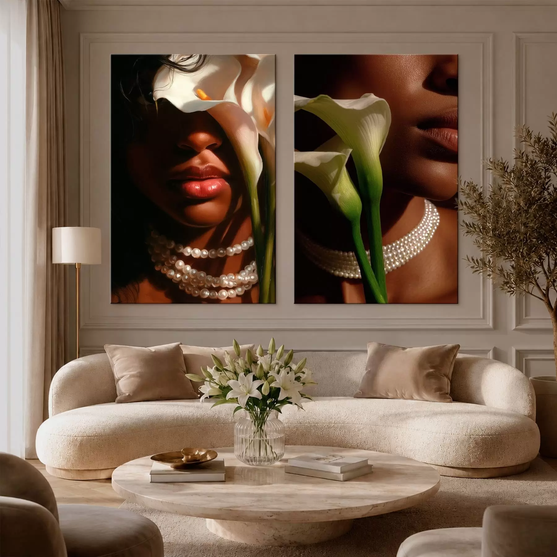  Peintures Diptyque avec portraits et callas blanches m30744
