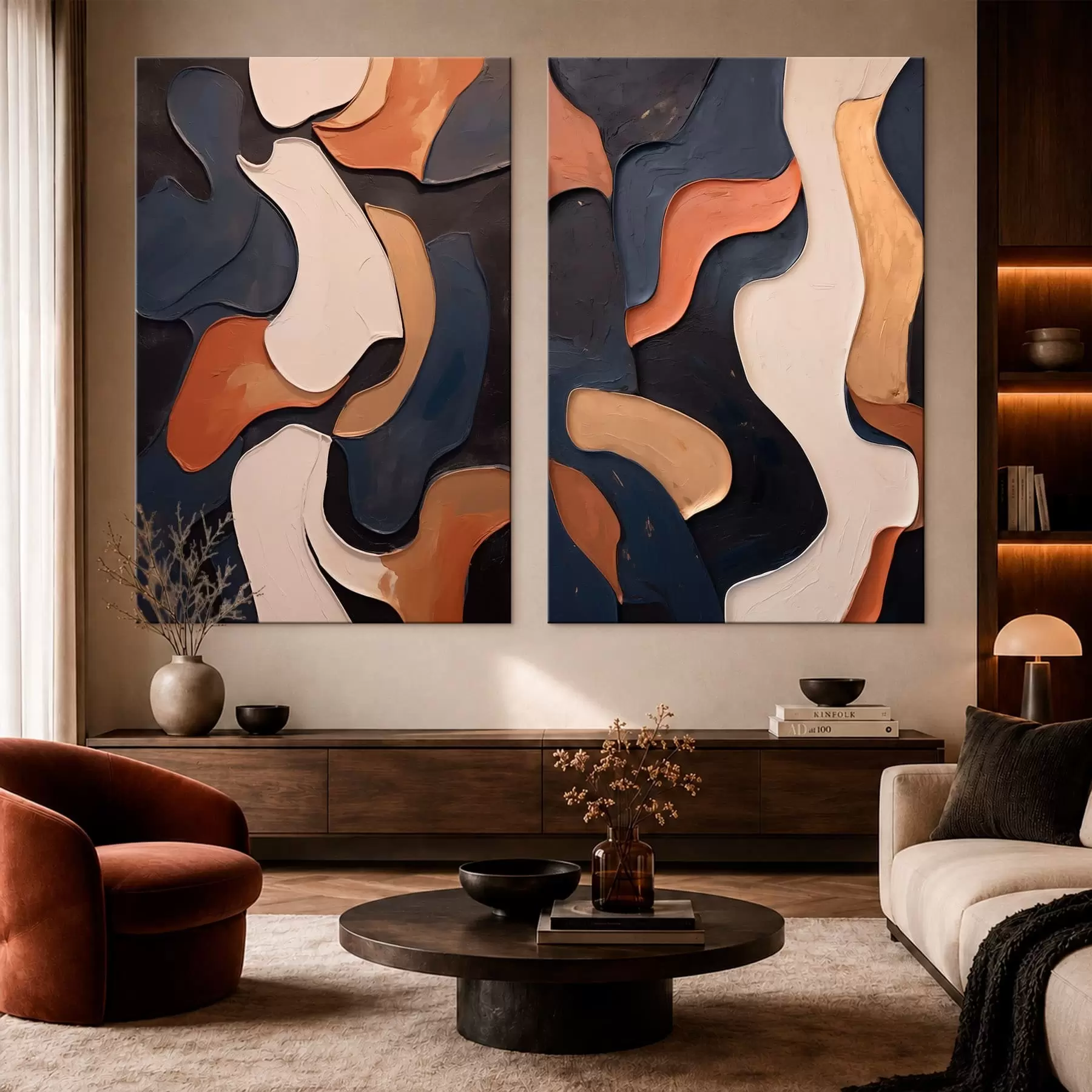  Schilderijen Tweedelig schilderij met abstracte organische vormen m30745