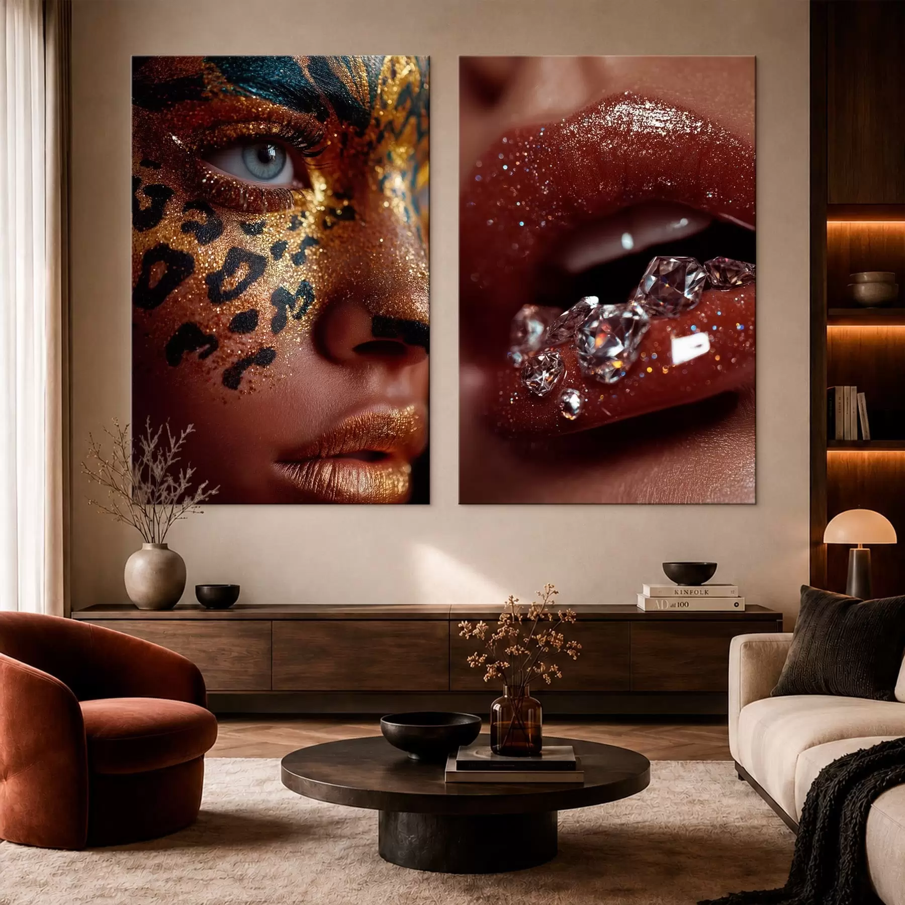  Peintures Diptyque représentant des lèvres brillantes et du maquillage m30746