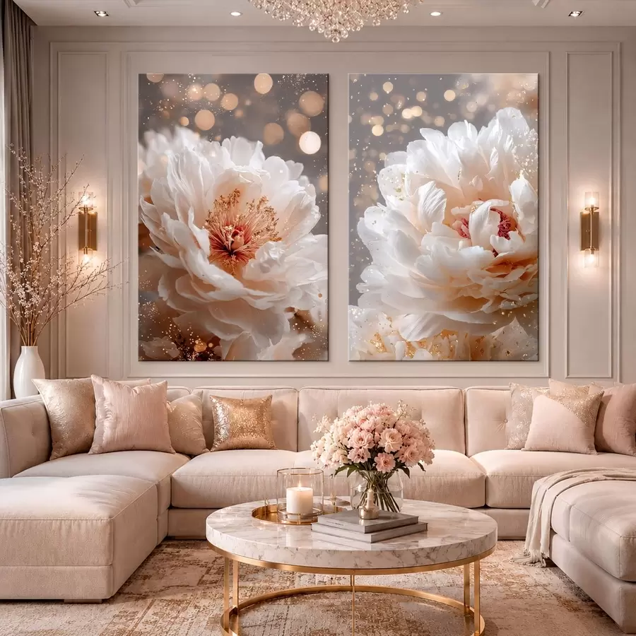  Peintures Diptyque représentant des pivoines blanches et une douce lueur m30748