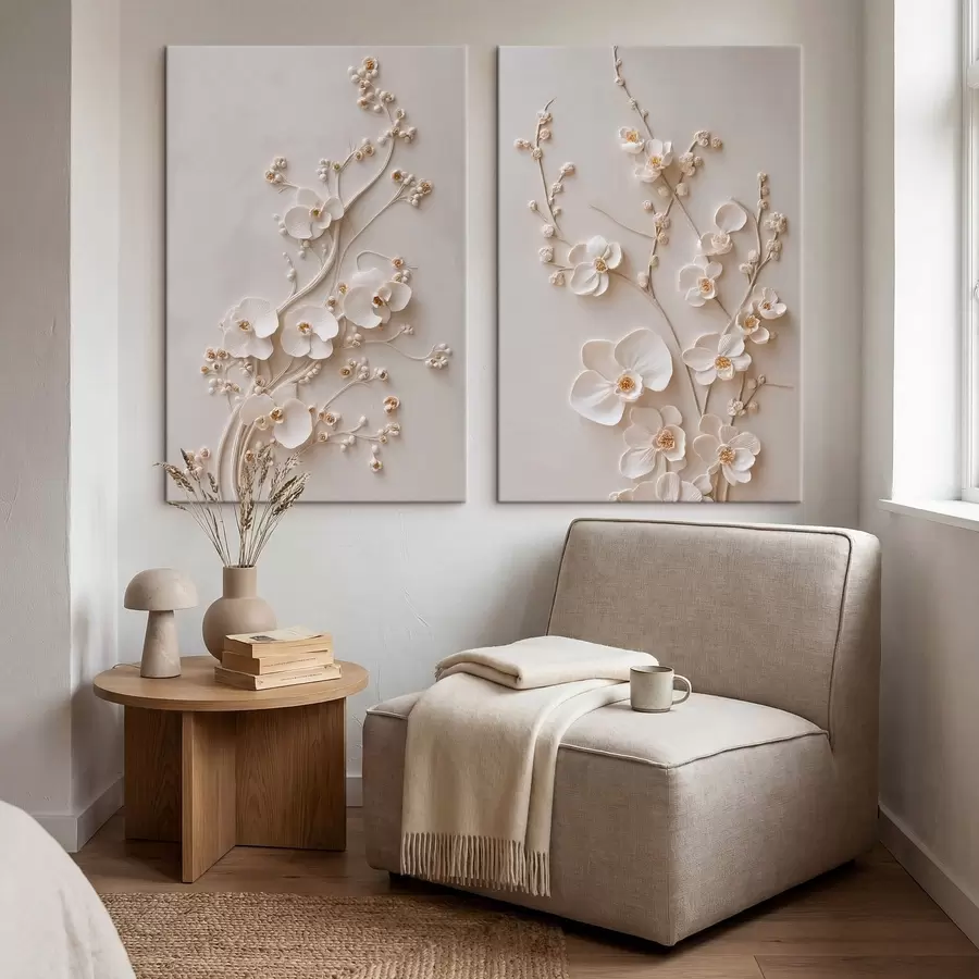  Peintures Diptyque représentant des fleurs blanches et présentant un effet de relief m30750
