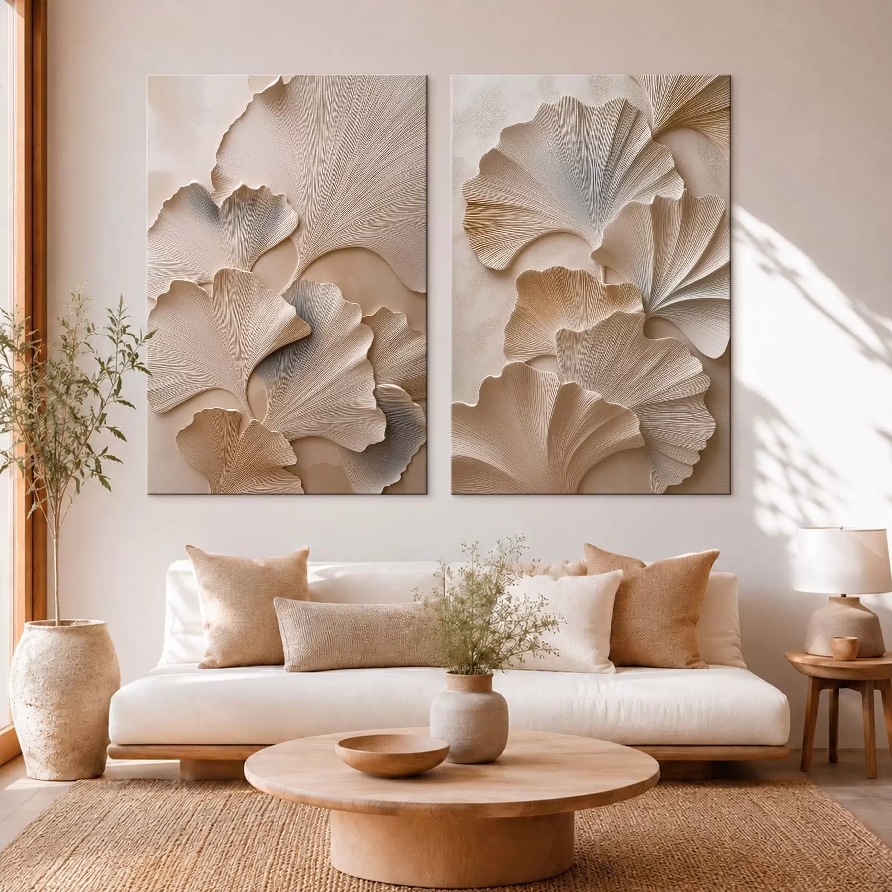  Peintures Diptyque représentant des feuilles de ginkgo avec un effet de relief m30751