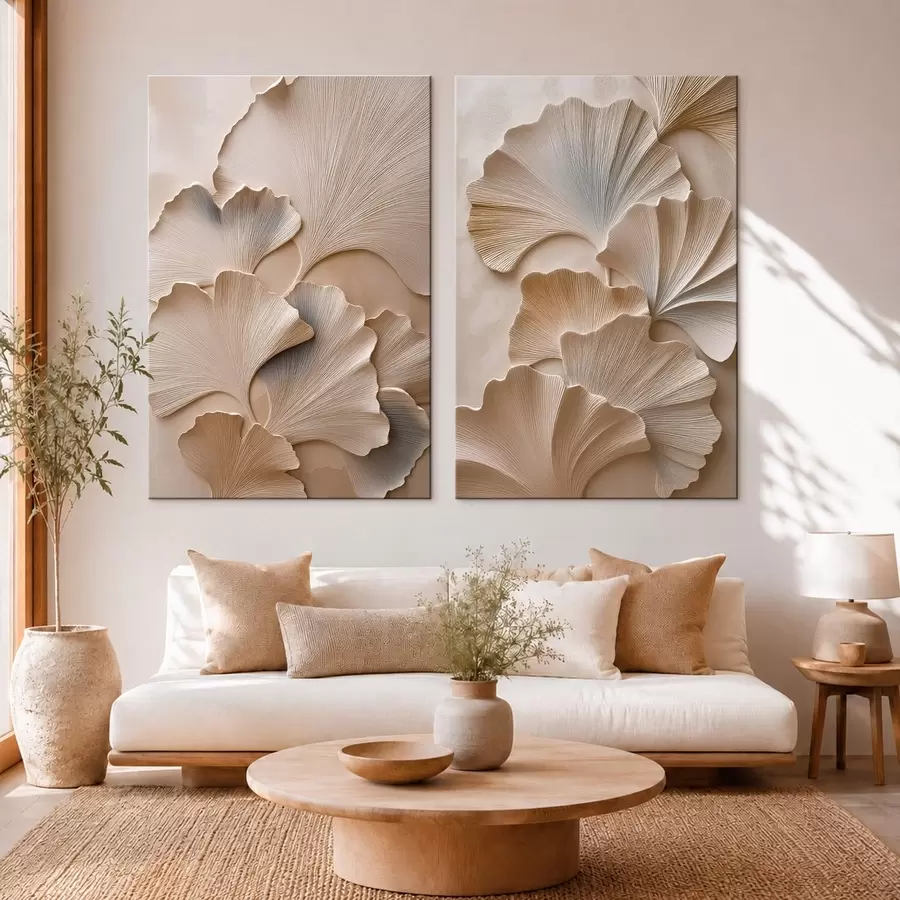  Peintures Diptyque représentant des feuilles de ginkgo avec un effet de relief m30751