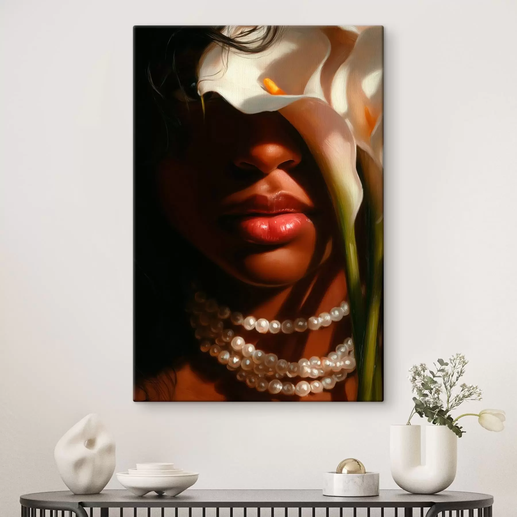  Peintures Portrait avec des fleurs blanches et un collier de perles s49978