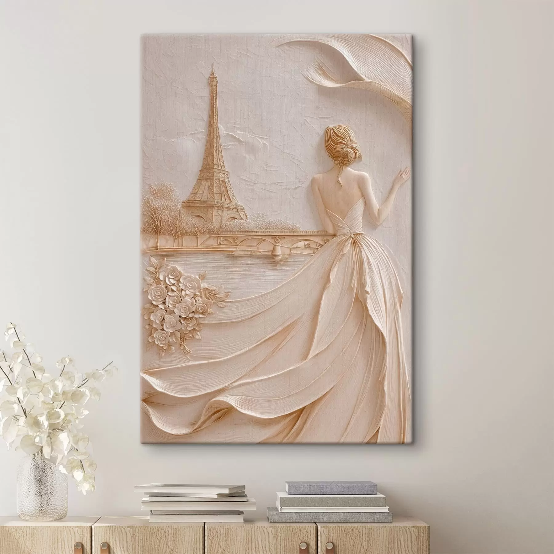  Peintures Composition représentant une femme près d'une tour célèbre, avec un effet de relief s49985