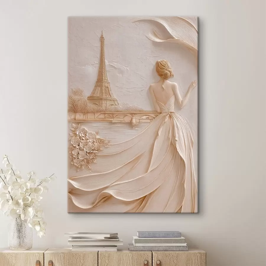 Fotobehang Compositie met een vrouw bij een beroemde toren en een reliëfeffect s49985