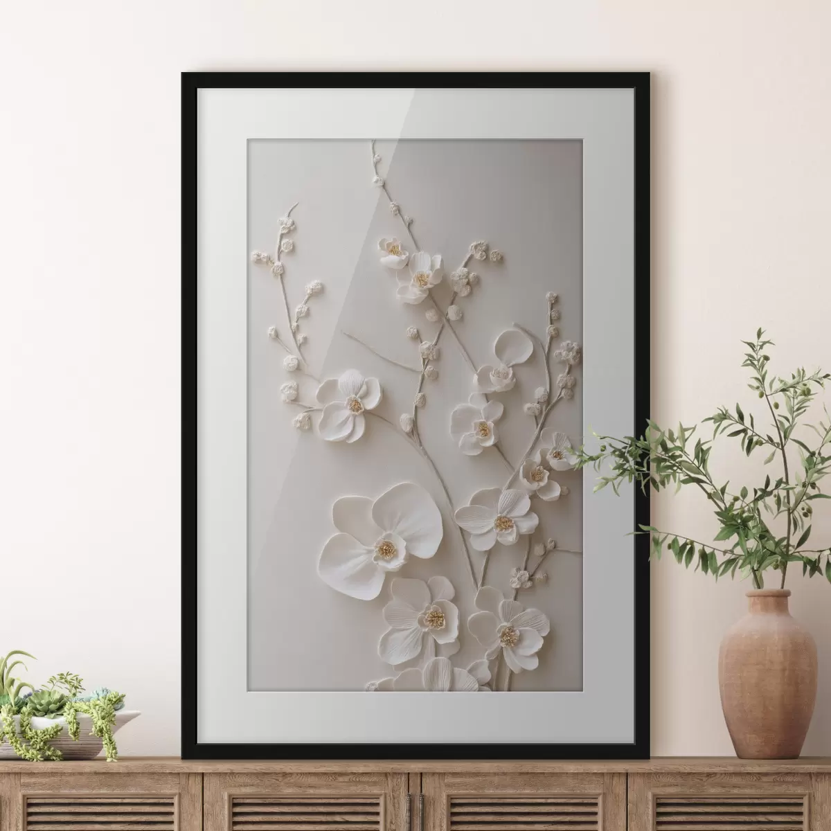 Affiche De volumineuses fleurs blanches sur des branches délicates f49957