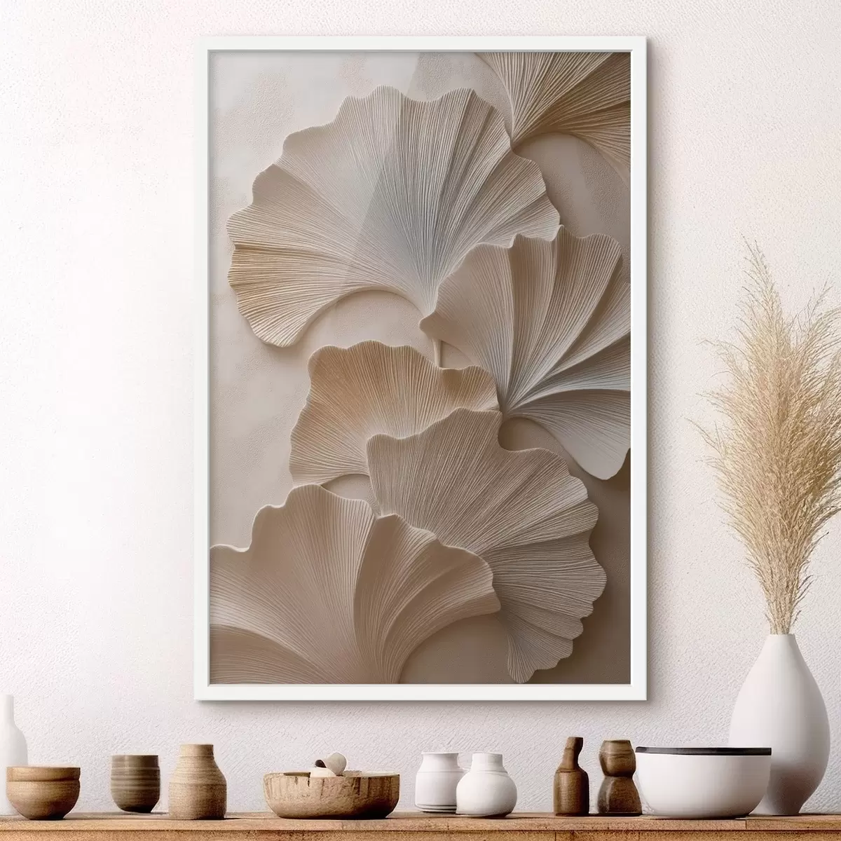 Affiche Feuilles aux tons neutres et doux, avec un effet de relief f49960