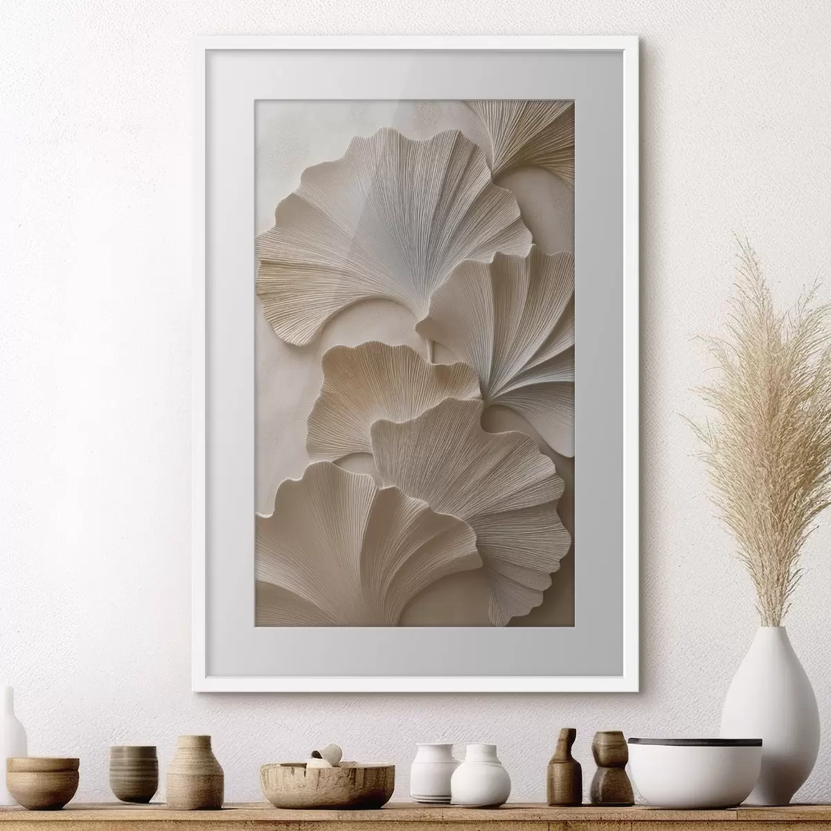 Affiche Feuilles aux tons neutres et doux, avec un effet de relief f49960