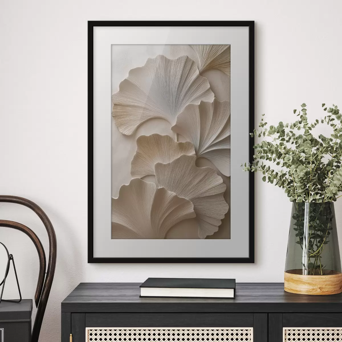 Affiche Feuilles aux tons neutres et doux, avec un effet de relief f49960