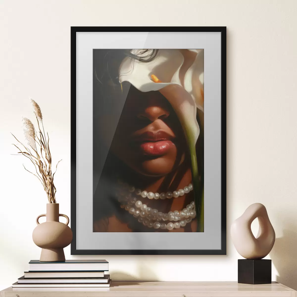 Affiche Portrait avec des fleurs blanches et un collier de perles f49978