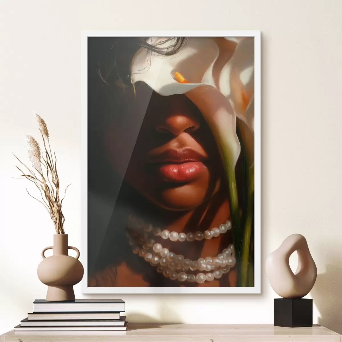 Affiche Portrait avec des fleurs blanches et un collier de perles f49978