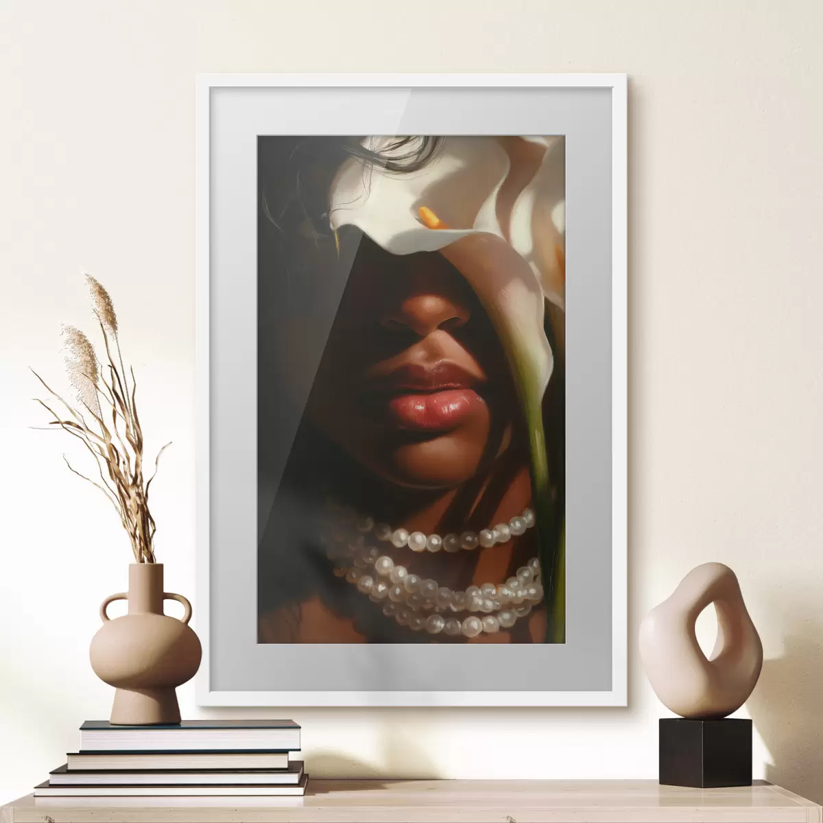 Affiche Portrait avec des fleurs blanches et un collier de perles f49978