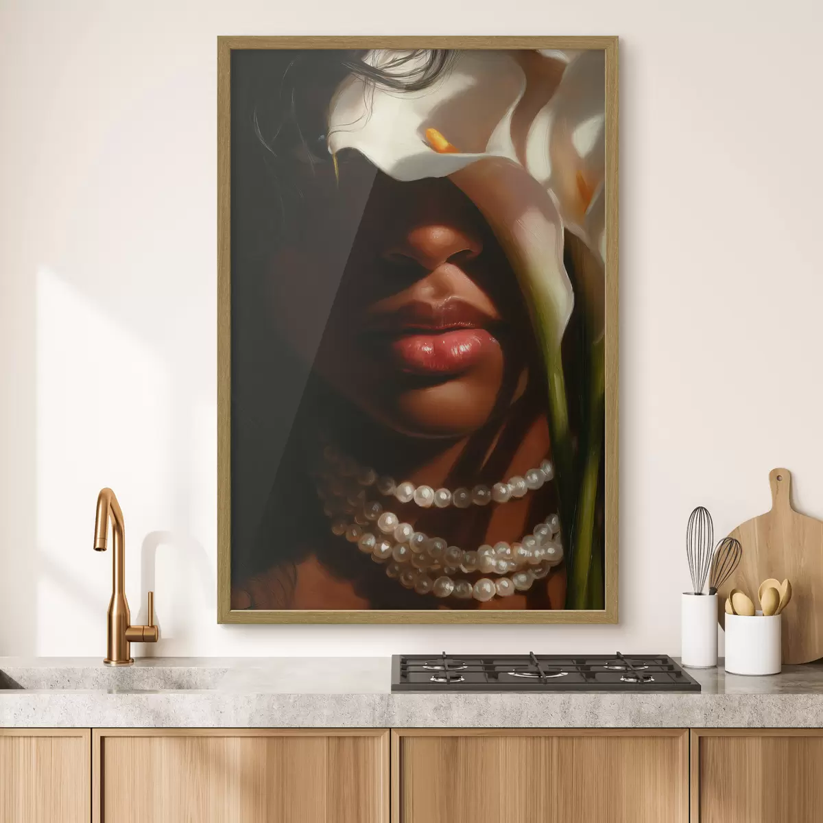 Affiche Portrait avec des fleurs blanches et un collier de perles f49978