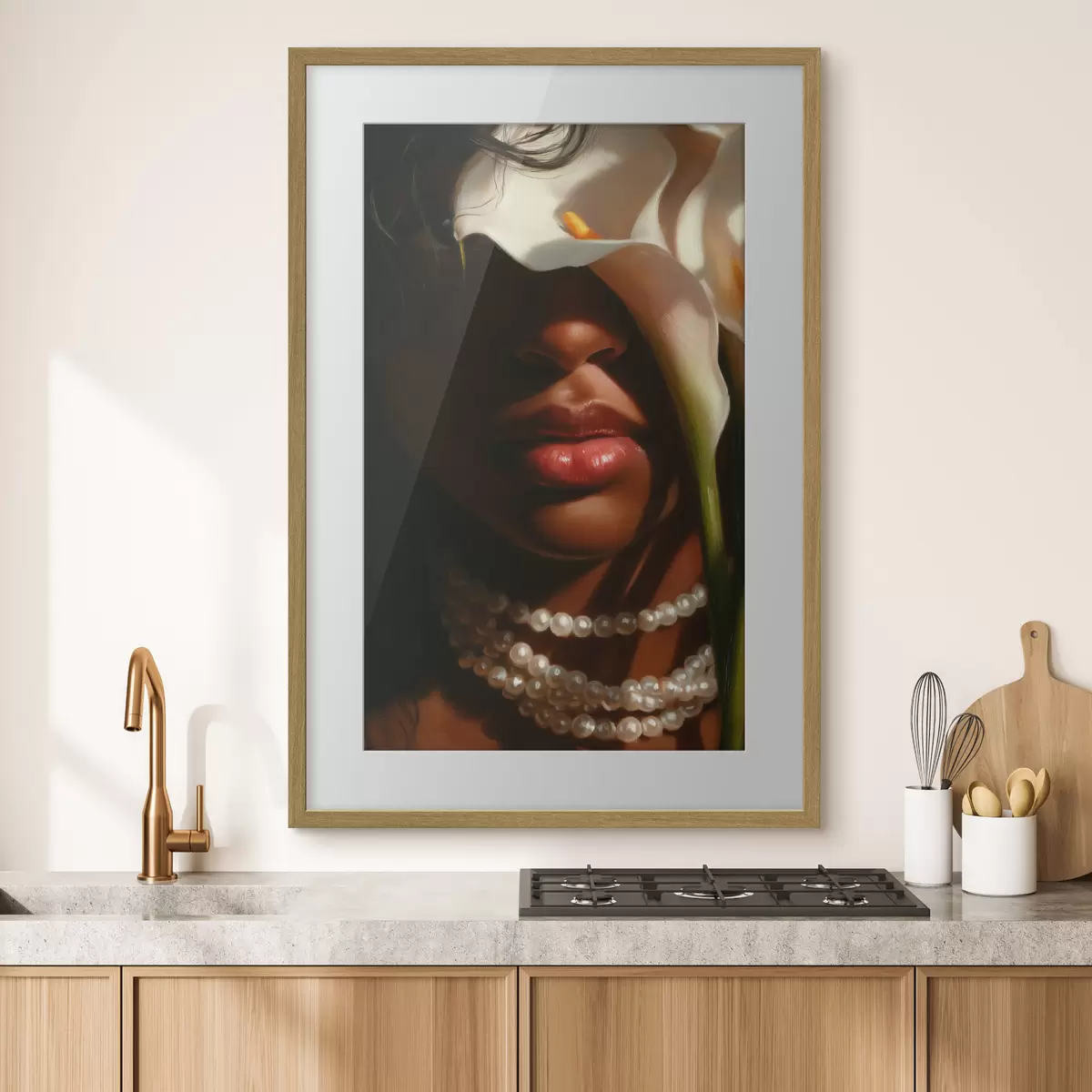 Affiche Portrait avec des fleurs blanches et un collier de perles f49978