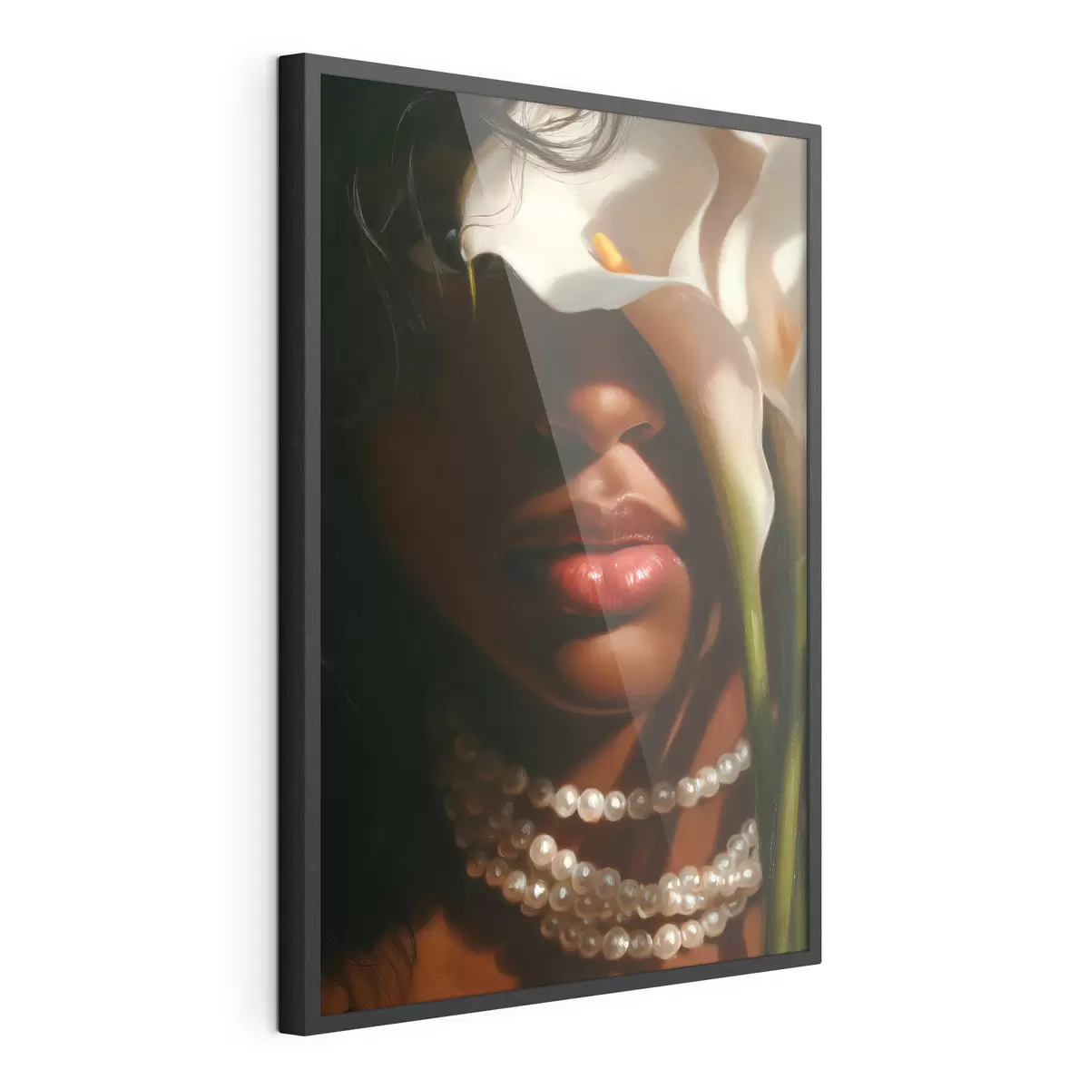 Affiche Portrait avec des fleurs blanches et un collier de perles f49978