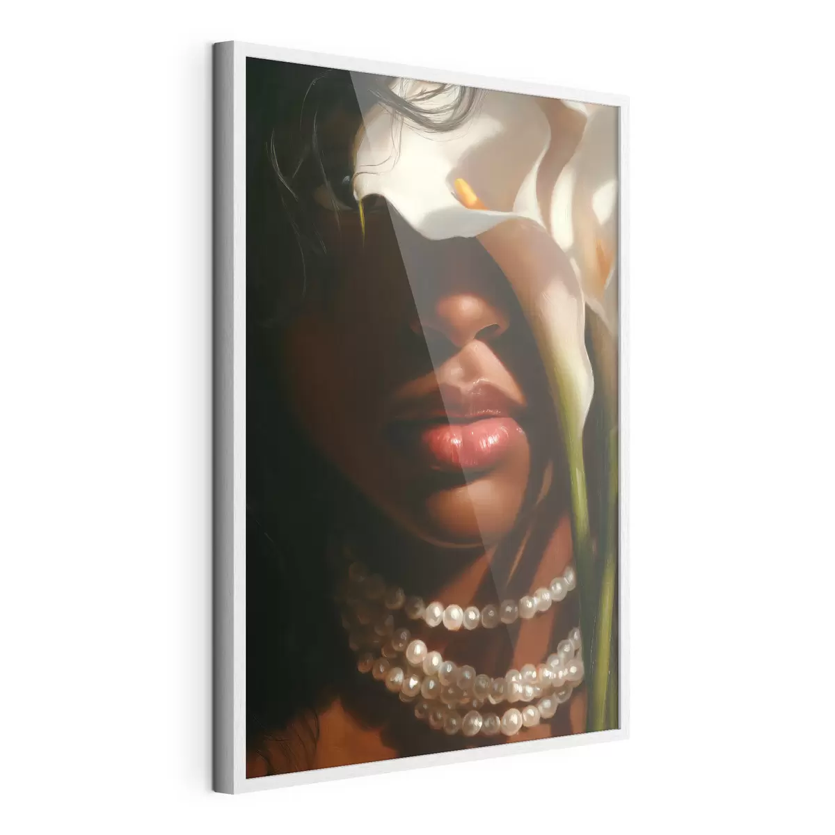 Affiche Portrait avec des fleurs blanches et un collier de perles f49978