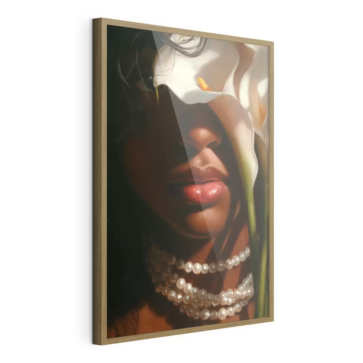 Affiche Portrait avec des fleurs blanches et un collier de perles f49978