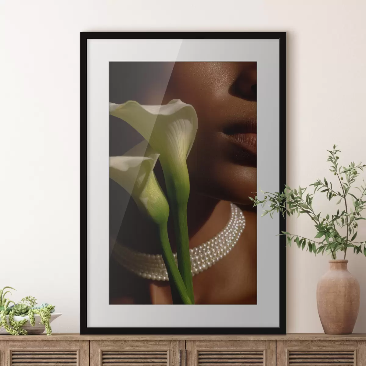 Affiche Portrait avec des fleurs blanches dans une lumière douce f49980