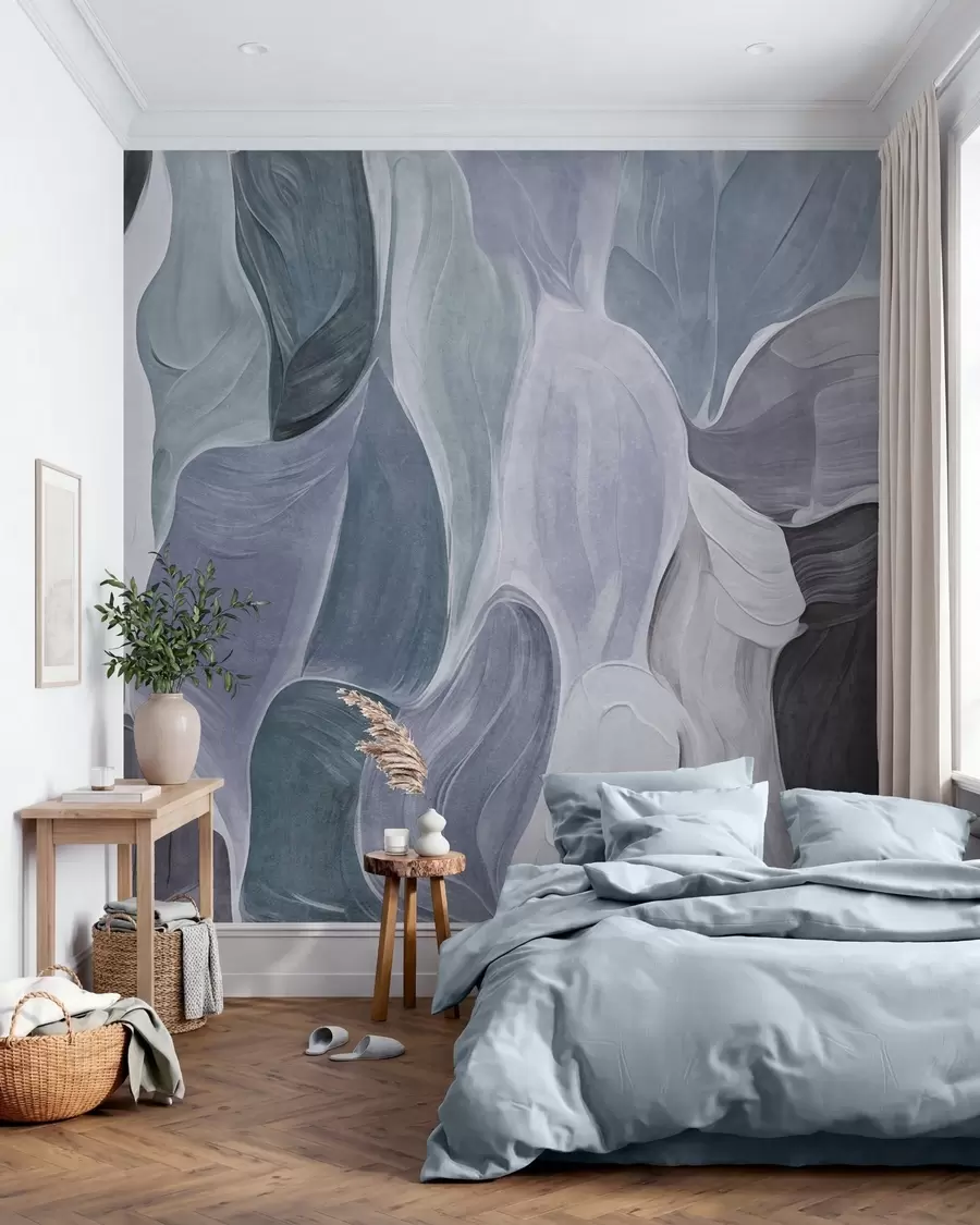 Fotobehang Abstracte vormen in ingetogen blauwe en grijze tinten, imitatie van penseelstreken w09908v1