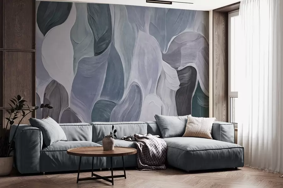 Fotobehang Abstracte vormen in ingetogen blauwe en grijze tinten, imitatie van penseelstreken w09908v1
