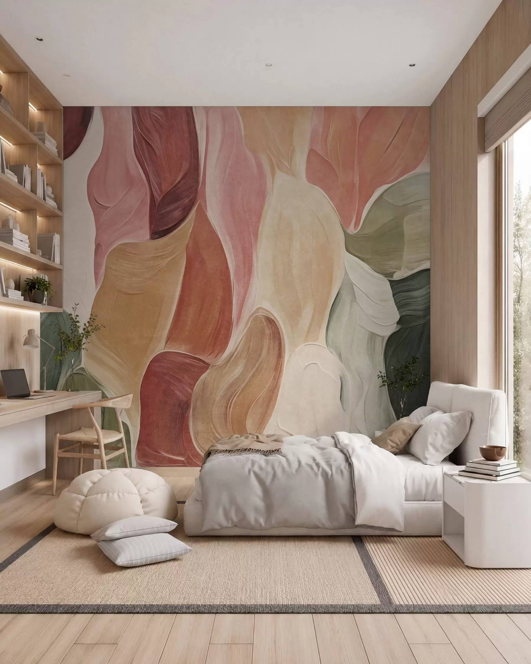Fotobehang Abstracte vormen in ingetogen roze, perzikkleurige en groene tinten, met imitatie van penseelstreken w09908