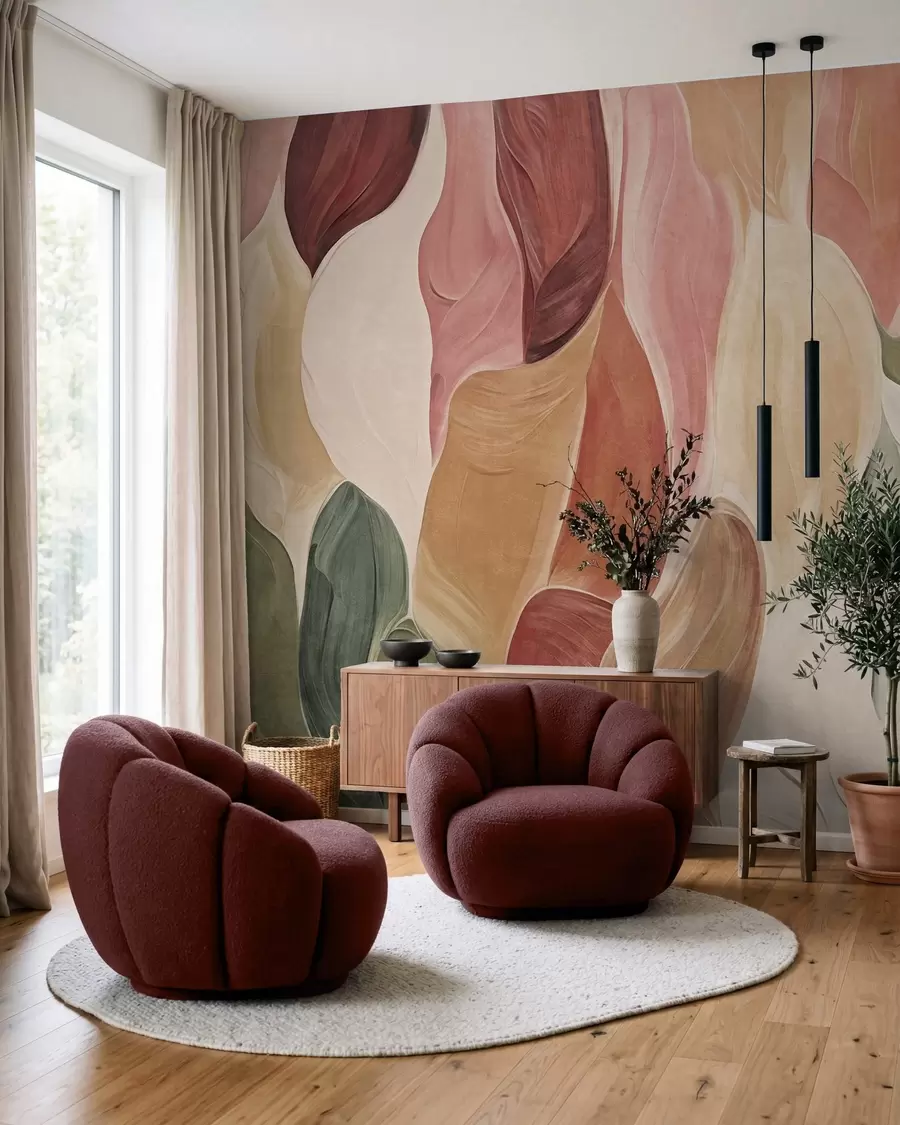 Fotobehang Abstracte vormen in ingetogen roze, perzikkleurige en groene tinten, met imitatie van penseelstreken w09908