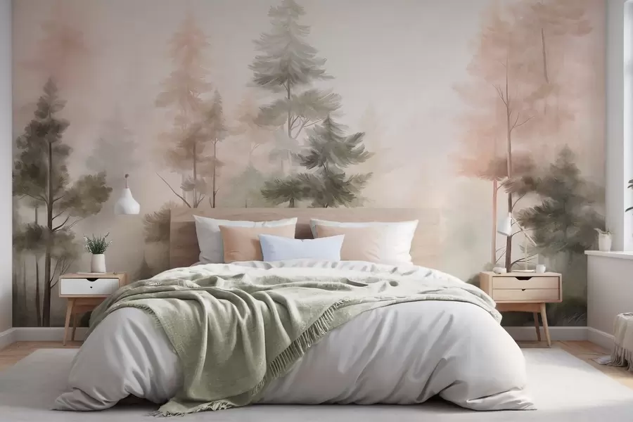 Papier peint photo Forêt aux textures variées, peuplée de grands pins aux nuances de vert et de rose, enveloppée d'un léger brouillard w09982