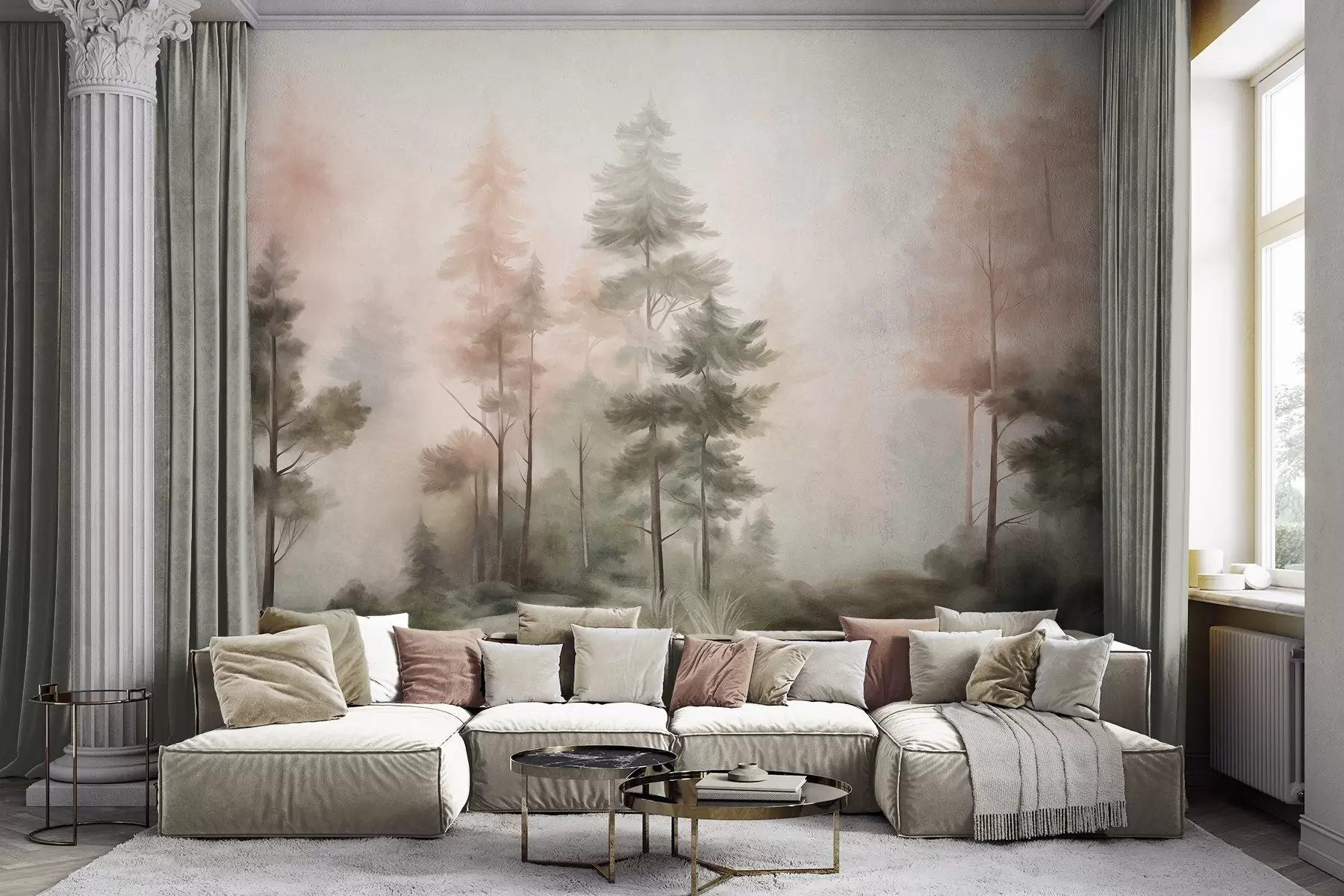 Fotobehang Een bos met een rijke textuur, met hoge dennenbomen in tinten groen en roze, en een lichte mist w09982